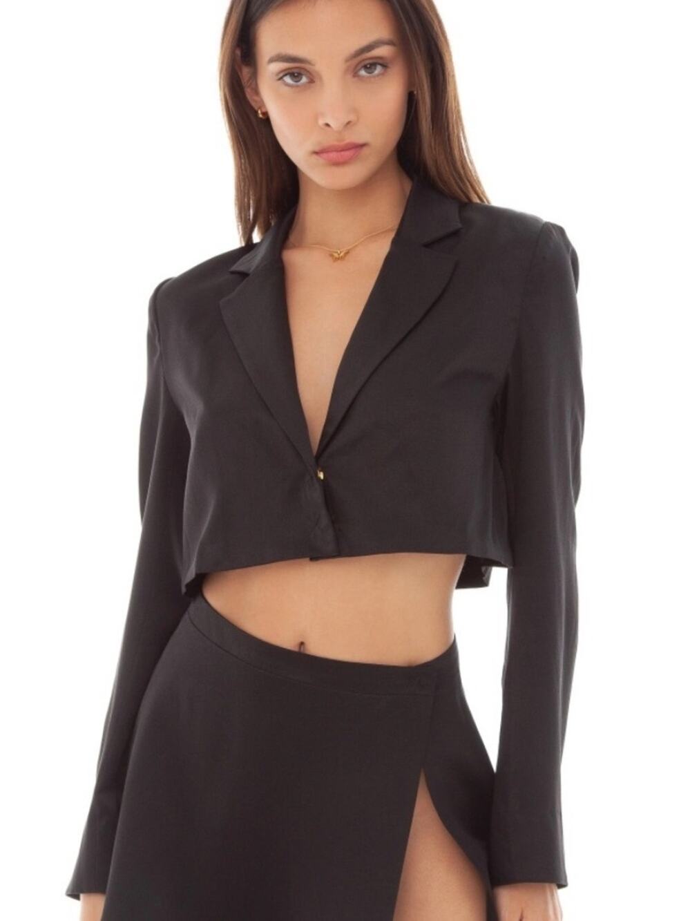 Are You Am I Black Silk Satin Cropped Natane Blazer - Small